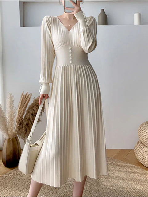 SMTHMA New Autumn Winter Knit Long Dress Women Casual Sexy V-Neck Slim Sweater Dresses Robe Office Lady Clothing