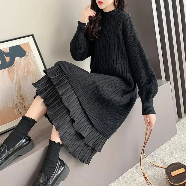 Autumn Winter Long Sleeve Sweater Dress Women Korean Ruffles Loose Knitted Dresses Woman 2023 Women's Mid-Length Knit Base Dress