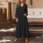 Dresses For Women Long Dress 2023 New Loose Fashion V-Neck Casual Solid Long Sleeve A-Line Sexy Dresses Elegant Ruffles Vestido