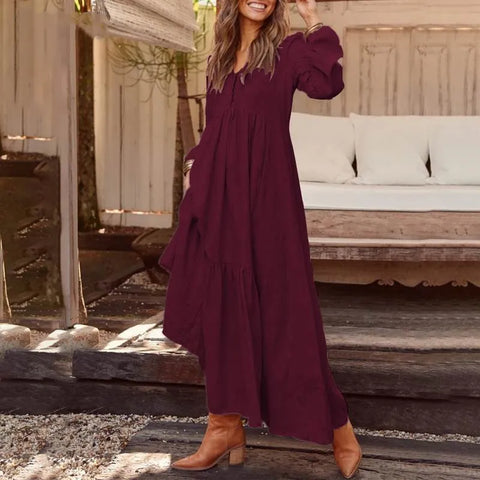 Dresses For Women Long Dress 2023 New Loose Fashion V-Neck Casual Solid Long Sleeve A-Line Sexy Dresses Elegant Ruffles Vestido