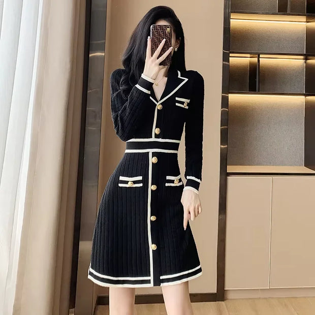 Pink Knitted Dress Women's Autumn New Round Neck High Waist Long Sleeve Slim Sweater A-line Small  Dress