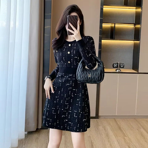 Pink Knitted Dress Women's Autumn New Round Neck High Waist Long Sleeve Slim Sweater A-line Small  Dress