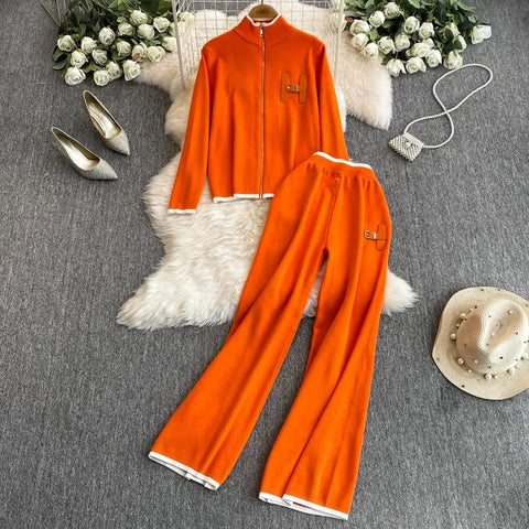 Autumn Korean Fashion 2 Piece Set Women Y2k Long Sleeved Knit Sweater+High Waist Slim Straight Leg Pants Casual Office Lady Suit