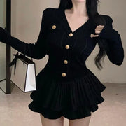 2024 New Korea Fashion Knitted Suit Black Slim 2 Piece Skirt Set Casual Elegant Sweater + Women Outwear Casual Y2k Mini Skirt