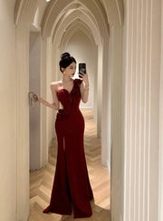 Elegant Fashion Wedding Evening Party Long Dresses for Women Sexy Split Sleeveless Slim Ladies Vintage Red Prom Female Clothing