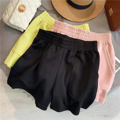 Women's Shorts with Pocket Summer Solid Color High Waist Hot Pants Casual Loose Sports Pants Elastic Waist Girls Cycling Shorts