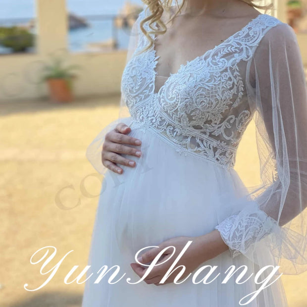 Yunshang Customized Pregnant woman Sweep Train Long Sleevs Charming Forest Fairy Wedding Dress High quality Floor Length V-Neck