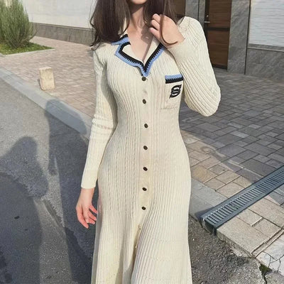 2024 Autumn Elegant Slim Knitted Long Dress Women's Letter Single Breasted Long Sleeved Designer Vintage Dresses Winter Sweater