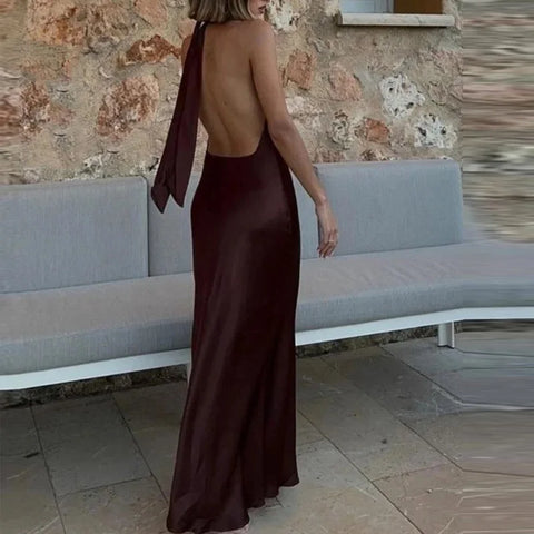 TRAF Halter Satin Long Dress Women Tied Backless Brown Midi Dress Summer Off Shoulder Party Dresses Pleated Evening Dress