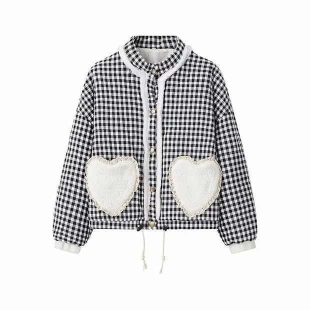 Women Lovely Loose Heart Patterned Parkas 2024 Winter New Long Sleeve Quilted Cotton Padded Jacket Coat Female Cute Outerwear