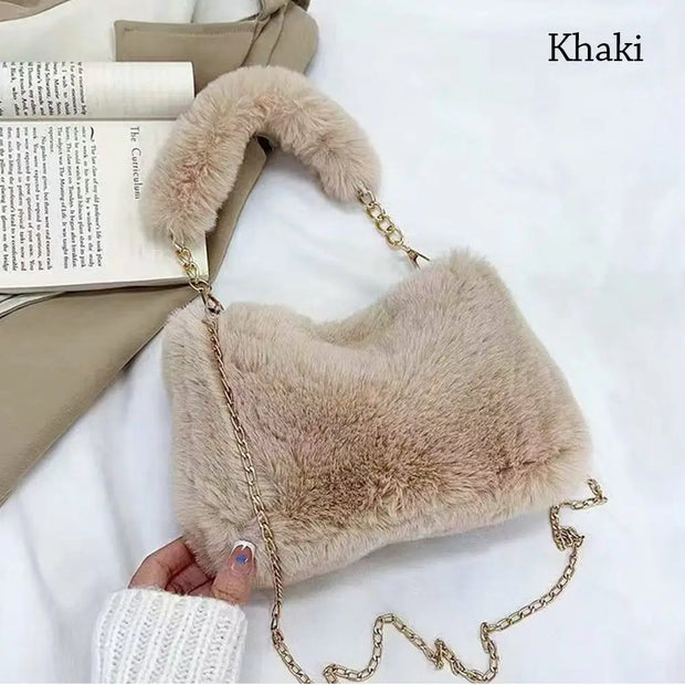 Fashion Women Fluffy Shoulder Bags Female Winter Chain Underarm Bag Solid Color Handbag Soft Plush Handle Bag