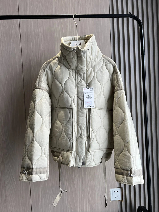 Quilted coat for women ETJ 2024traf QUILTED JACKET WITH TIES new beige drawstring high neck pocket clip cotton jacket for women