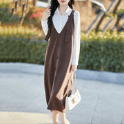 Spring and autumn knitted strap dress women's wool sweater fashion large size pullover strap skirt V-neck Chic button Long dress