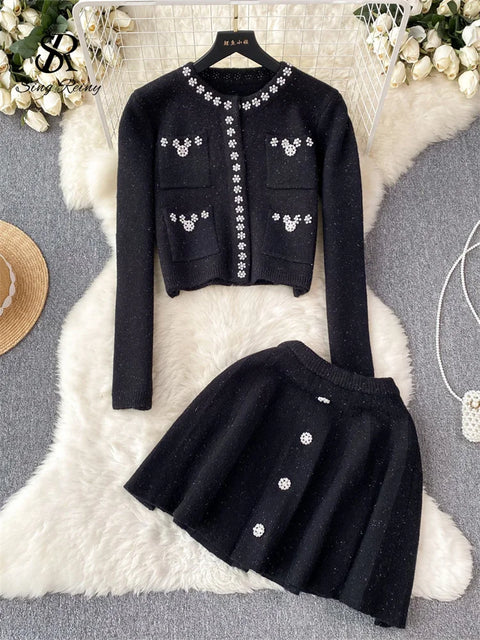 SINGREINY Japan Style Pearls Knit Suits Hidden Breasted Pockets Cardigan+Mini Pleated A Line Skirt Women Sweet Streetwear Sets