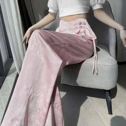 Pink New Chinese Satin Jacquard Suit Pants for Women Spring/Summer 2024 New High Waist Loose Straight Button Wide Leg Pants