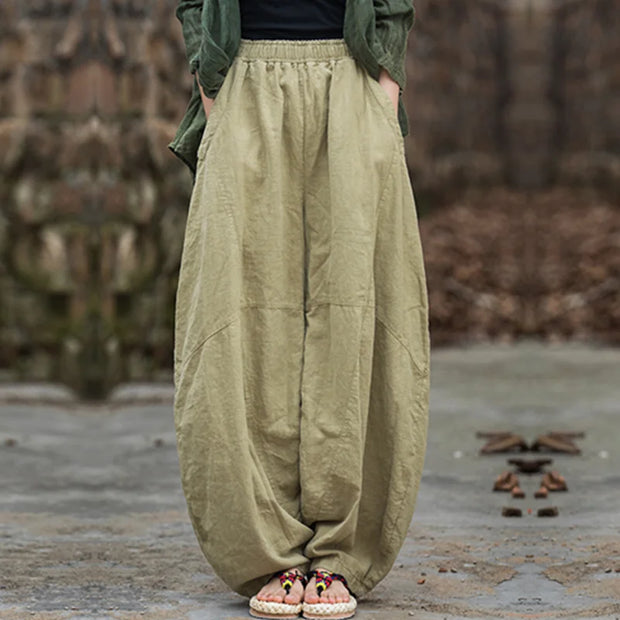 Elegant Women's Cotton Linen Baggy Cargo Pants Vintage Elastic Waist Yoga Trousers Loose Casual Long Wide Leg Oversize Clothes