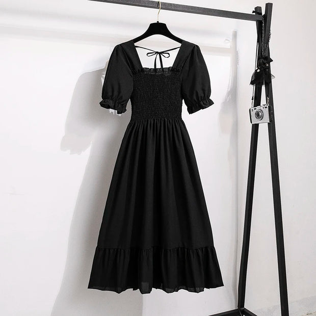 Spring Summer Chiffon Dresses Fashion Female Elastic Waist Short Sleeve Pleated Casual Dress Women A-line Dresses Vestidos