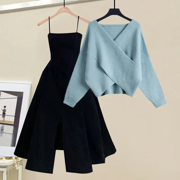 Plus Size Womens Clothing Knitted Pullover Sweater Sexy Sling Dress Two Pieces Sets Solid Fashion Casual