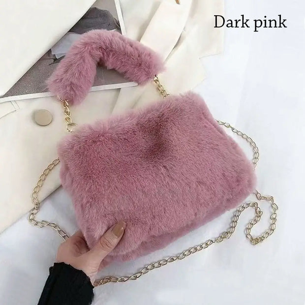 Fashion Women Fluffy Shoulder Bags Female Winter Chain Underarm Bag Solid Color Handbag Soft Plush Handle Bag