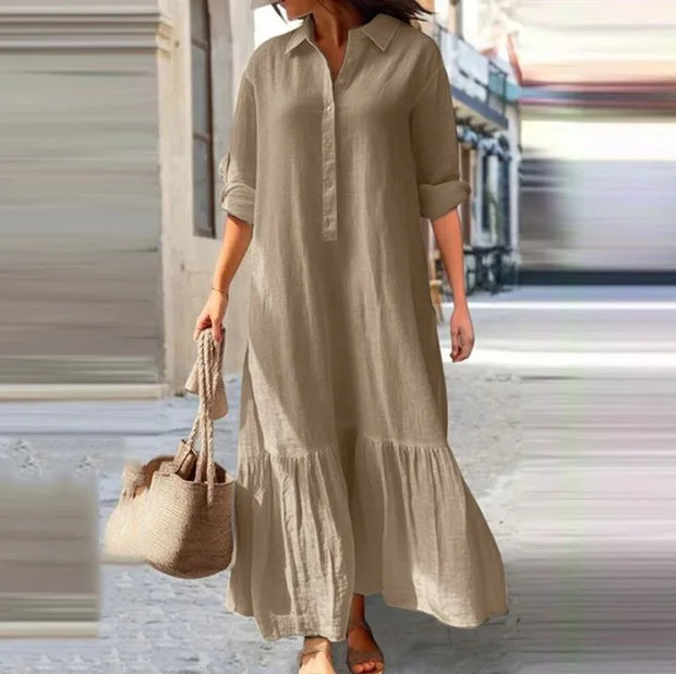 Cotton Linen Long Dress Women Long Sleeve Button Solid Color Casual Ruffles Loose Dresses Spring Autumn Comfortable Shirt Dress