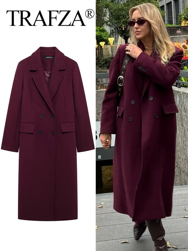 TRAFZA Women Fashion Burgundy Woolen Coat Double Breasted Long Sleeve Lapel Blends Jacket Autumn Winter High Street Outerwear