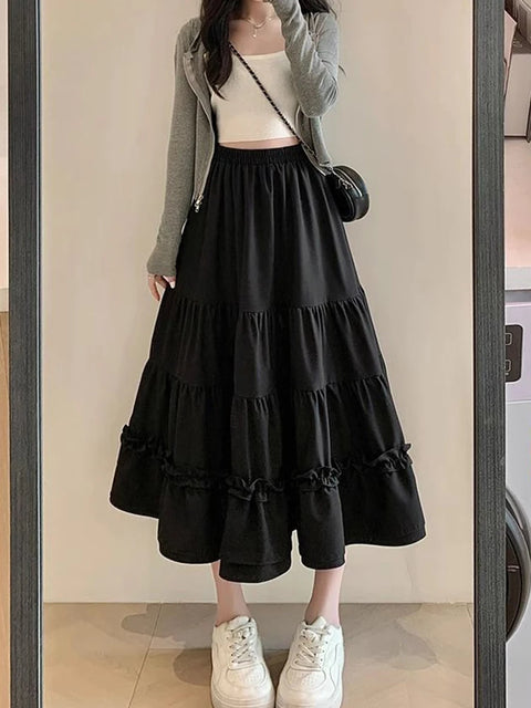 Jmprs Chic Ruffles Sweet Long Skirt Women Elegant High Waist Cake Skirts Korean Fashion Female Summer Casual White A Line Skirt