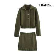 TRAF ZR Women's Lapel Collar Sweaters Skirts Suit 2-pieces Golden Button Knit Cardigan Matching Sets for Women Knit Mini Skirt