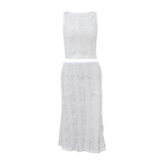 WhereMery Temperament Casual Dress Set Summer Slim Fit Sleeveless Lace Hollow Top with White Beach Skirt Two Piece Set