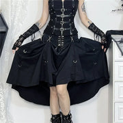 Goth Dark Acubi Fashion Black Swing A-line Skirt Punk Grunge Metal Buckle Streetwear Bandage Skirts Mall Gothic Alt Clother