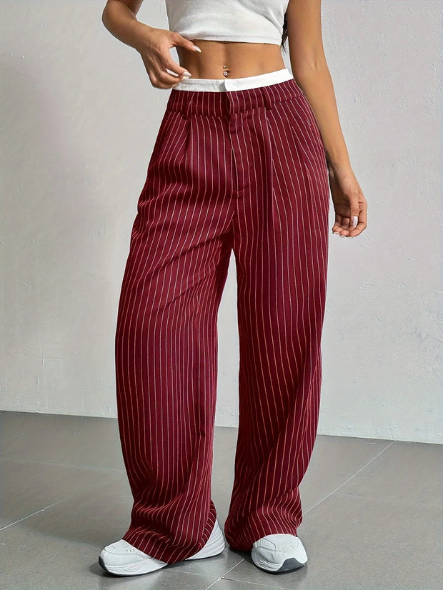 Women Stripes Printed Full Length Pants Trousers High Waist Fashion Casual Y2K Pants Loose Wide Leg