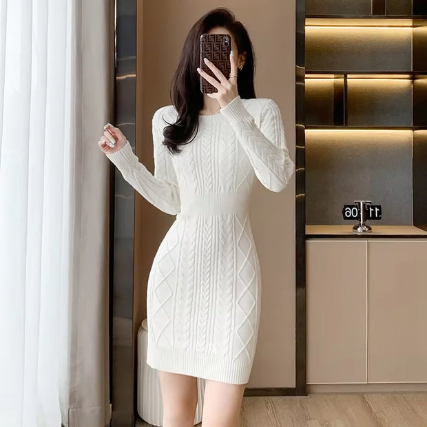 Pink Knitted Dress Women's Autumn New Round Neck High Waist Long Sleeve Slim Sweater A-line Small  Dress