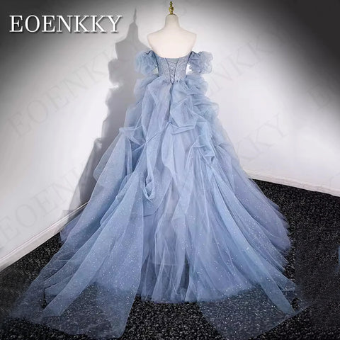 Princess Puff Sleeves Shiny Prom Dress 2024 Blue Strapless Crystal A Line Sparkly Banquet Party Dresses فساتين سهرة Tulle Women