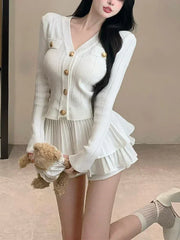 2024 New Korea Fashion Knitted Suit Black Slim 2 Piece Skirt Set Casual Elegant Sweater + Women Outwear Casual Y2k Mini Skirt