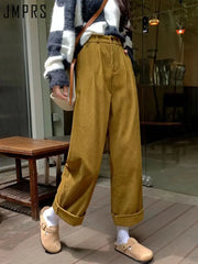 JMPRS High Waist Women Vintage Corduroy Pants Straight Casual Spring Trousers Koran Vintage Coffee Pockets All Match Pants New