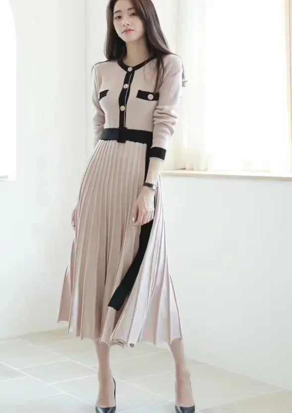 New Korean Knitted Dress Women O-neck Long Sleeve Single Breasted Autumn Winter Elegant Pleated A-line Dresses Slim Waist