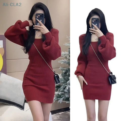 Elegant Solid Knit Mini Dress Women Square Collar Long Lantern Sleeve Dresses