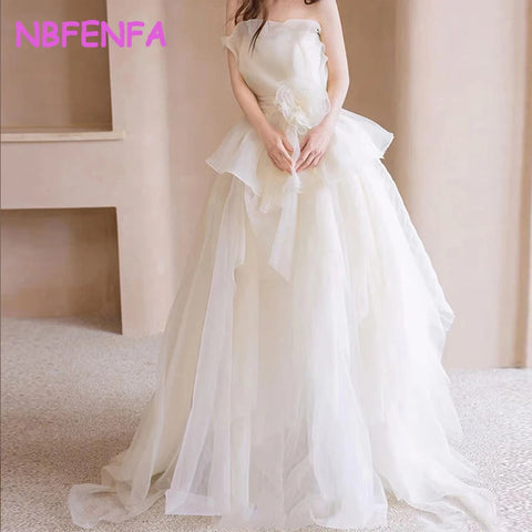 White Strapless Light Wedding Dresses Korean Simple Organza Ball Gown Bride's Wedding Dress Formal Evening Dress for Women boda