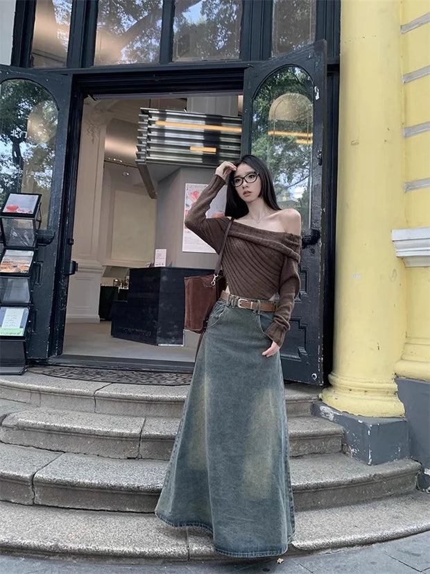 Women Korean Style A-Line Jean Skirt Denim Long Skirt Harajuku Y2k 2000s Vintage Skirts 90s Aesthetic Streetwear Fashion Clothes