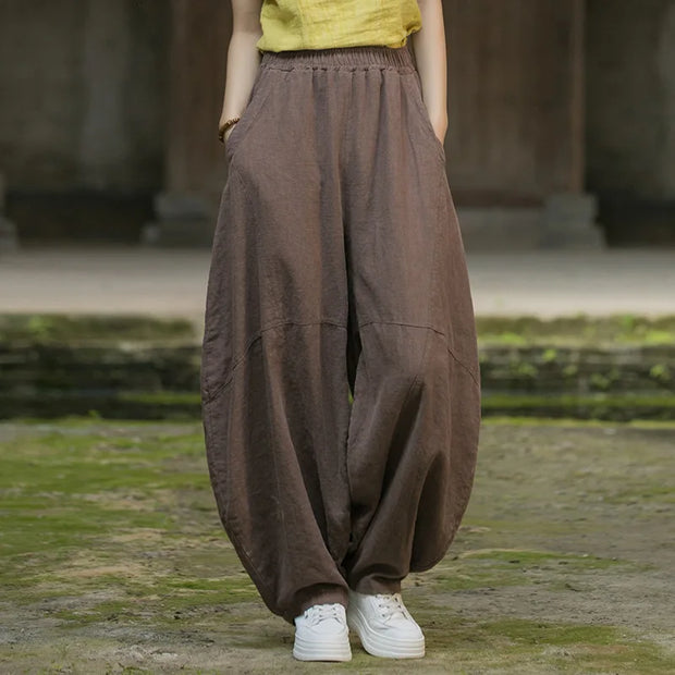 Elegant Women's Cotton Linen Baggy Cargo Pants Vintage Elastic Waist Yoga Trousers Loose Casual Long Wide Leg Oversize Clothes