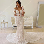 Deep-V Neck Wedding Dresses For Women 2024 Off Shoulder Lace Long Sleeves Mermaid Bridal Gowns Ball Vestidos De Novia Customized