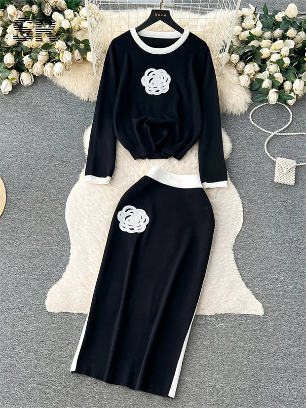 SINGREINY Elegant Two Piece Knit Set Winter Flower Design Long Sleeve Pullover Elastic Waist Long Skirt Fashion Sweater Suit