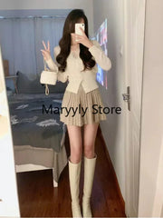 2023 Autumn Women French Long Sleeve Cardigan + High Waist Mini Skirt Korean Fashion Suits Elegant Office Lady 2 Piece Dress Set