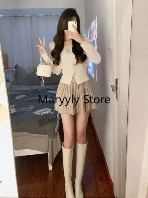 2023 Autumn Women French Long Sleeve Cardigan + High Waist Mini Skirt Korean Fashion Suits Elegant Office Lady 2 Piece Dress Set