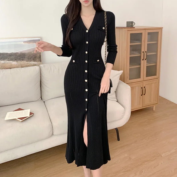 Elegant V Neck Denim Patchwork Knitted Long Dress Women Fashion Short Sleeve Buttons Dresses 2024 Chic Office Lady Pockets Robes