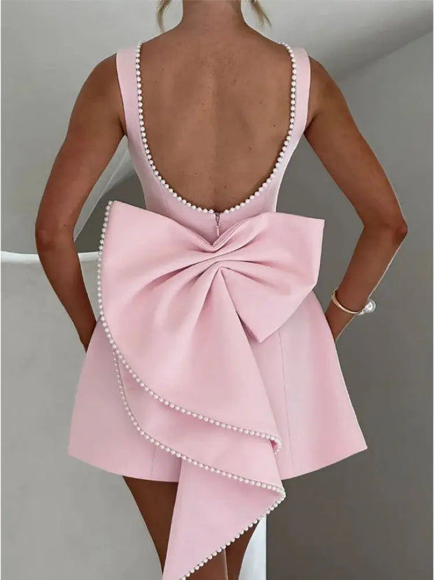 Elegant Pearl Bow Backless Short Dress Women's Sleeveless Party Cute Mini Dresses Black White Pink Chic Birthday Evening Y2K New