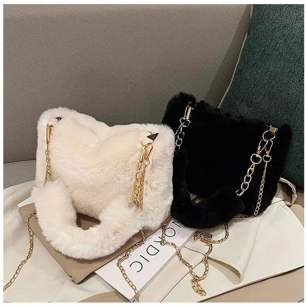 Fashion Women Fluffy Shoulder Bags Female Winter Chain Underarm Bag Solid Color Handbag Soft Plush Handle Bag