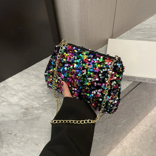 Sequins Crossbody Chain Bag Simple INS Solid Color Sequins Shoulder Bag Underarm Bag Phone Purse Evening Clutch Bags Handbag