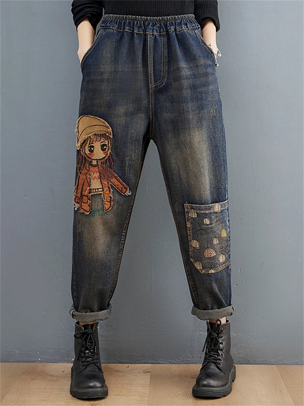 6537 Cartoon Litter Girl Embroidery Denim Pants For Women Trendy Hole Casual High Waist Breeches Pockets Mom Harem Blue Jeans