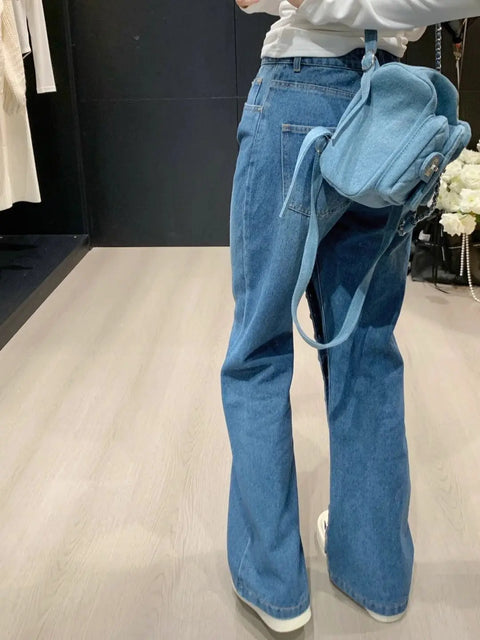 American Breasted Design Vintage Blue Wash Jeans Woman Y2K Streetwear Hip-hop Loose Casual Harajuku High Waist Straight Jeans