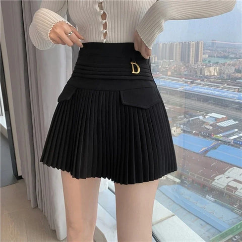 Summer White Pleated Skirts Sexy Casual Slim College Women High Waist Mini Metal Letter D Ontwerp A-lijn Korean Fashion Style